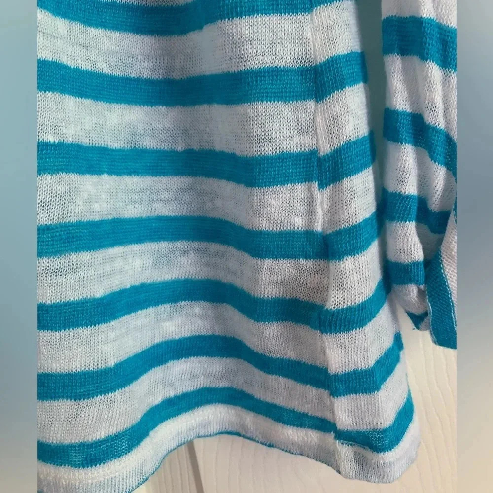 Lauren Ralph Lauren Top Linen Large White Blue Striped Dolman Sleeve Euro Summer - Picture 10 of 12